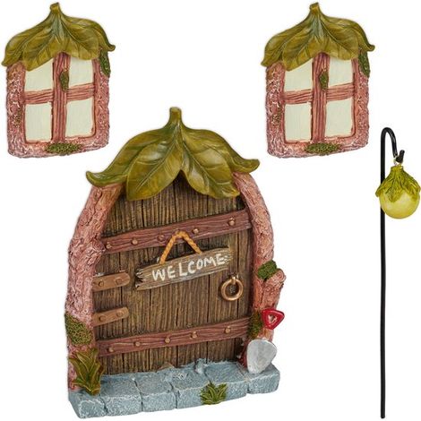 Ensemble de porte de gnome - décoration d'arbre 4 pièces - porte féerique - fenêtres et lanterne - pierre artificielle résistante aux intempéries (1/5)