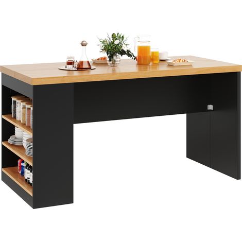 CHICFURN Îlot de cuisine LED avec prises 155 x 80 x 90 cm, plan de travail 40 mm, 2 prises AC + 2 USB, 3 niches ouvertes, noir et bois clair pour cuisine et salle à manger (1/5)