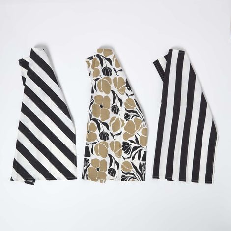 HOMESCAPES Modern Pattern Black and White Tea Towels Set of Three (1/4)