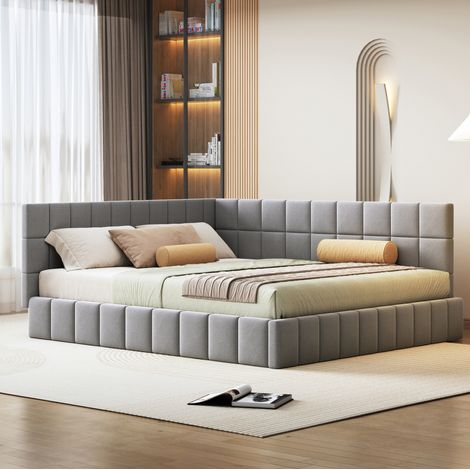 Sofá cama tapizado gris 160x200 cm con somier de láminas y respaldo intercambiable (1/5)