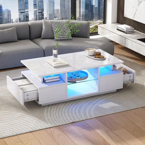 Table basse LED 100x50x36 cm avec 2 tiroirs et étagères en verre, rangement ouvert, blanc brillant (1/5)