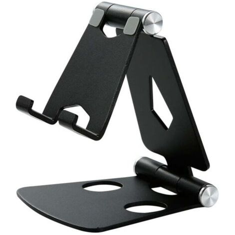 Supporto per telefono, supporto per tablet, docking station per telefono cellulare, tablet ed eBook, supporto da scrivania pieghevole in lega di alluminio, angolo regolabile - Nero