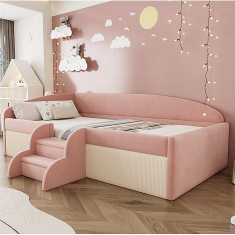Cama infantil tapizada 90x190 cm rosa y crema en terciopelo con barreras y escalones (1/5)