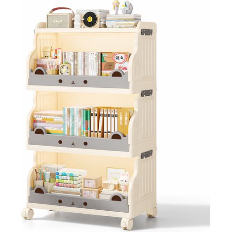 Carrello Impilabile a 3 Livelli Beige Contenitore Organizer Portagiochi con Ruote