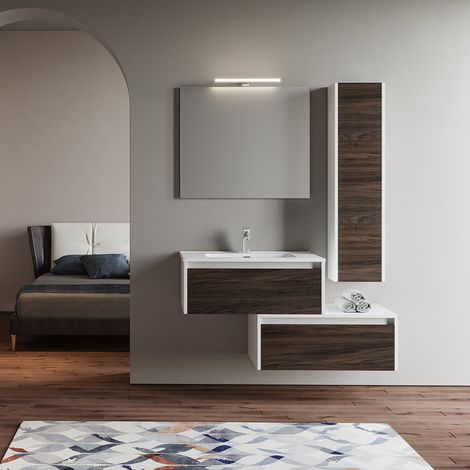 Mobile bagno sospeso 82 cm Bianco con lavabo integrato e specchio - LUNA2 (1/4)