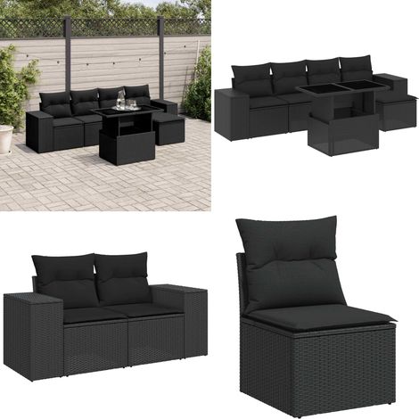 6-tlg. Garten-Sofagarnitur mit Kissen Schwarz Poly Rattan - Gartenmöbel Set - Esszimmergarnitur - Outdoor Möbel - Lounge Set - Balkonmöbel - Home & Living (1/5)