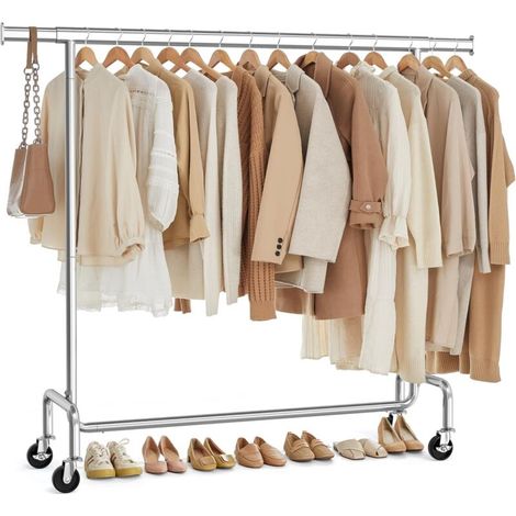 Portant à Vêtements avec Roulettes, Tringle Extensible pour Charge Lourde, Capacité de Charge 130 kg, 45 x (110-150) x 162,9 cm, Porte-manteau, en Métal, Chromé, Argent (1/5)