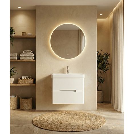 Meuble sous‑vasque FIDJI 60 cm Suspendu, Meuble de salle de bain mural laqué Blanc Brillant, plan résine, 2 tiroirs amortis, design sans poignée, meuble lavabo compact (1/5)