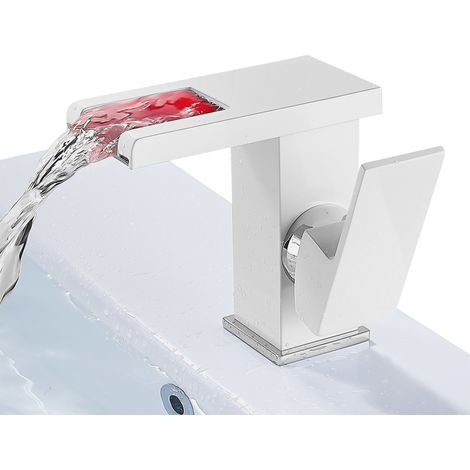 Robinet de salle de bain LED, blanc, robinet cascade avec 2 tuyaux, robinet de lavabo moderne à levier unique pour salle de bain, en laiton, robinet cascade (1/5)