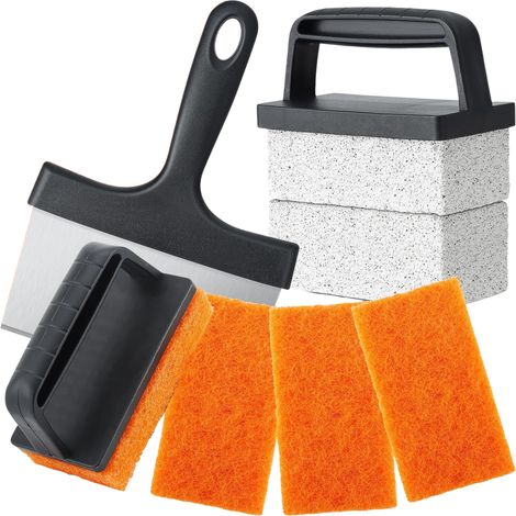 Kit de nettoyage pour plaques de cuisson et grils avec grattoir, brosse et brique de nettoyage pour un détachage facile, ensemble d'outils pour barbecue pour l'entretien des plaques de cuisson, noir (1/5)