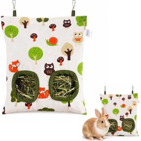 Rabbit Hay Bag, Hanging Rack for Rabbit, Guinea Pig and Small Animals, 2 Openings, Hooks, Hay Feeder for Cage and Clean Enclosure (1/5)