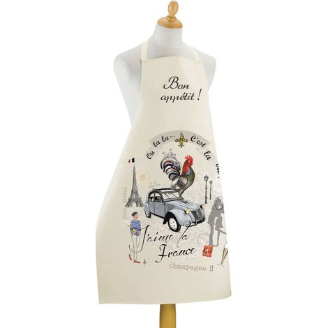 Grand Tablier de Cuisine 100% Coton Écru Motif Tour Eiffel 72 x 96 cm - PANGIVO
