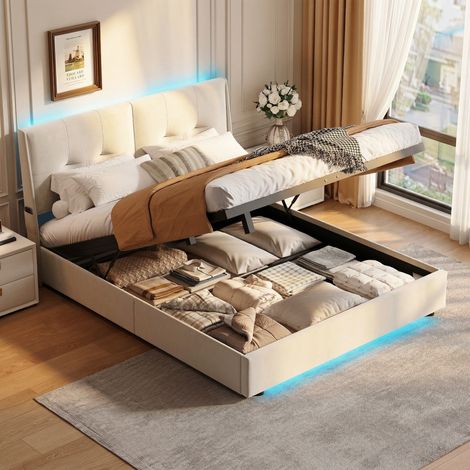 Letto contenitore 140 x 200 cm con rete a doghe, sistema idraulico, vano contenitore, LED su testiera e pediera, velluto beige