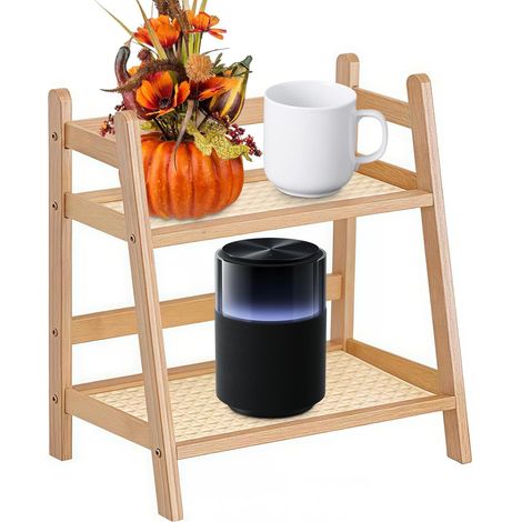 Étagère à épices de cuisine, 29 x 27 x 18 cm, 2 étagères, imitation bambou, tissage en rotin, décorative, étagère à épices, rangement debout, porte-fleurs, bibliothèque, organisateur pour (1/5)