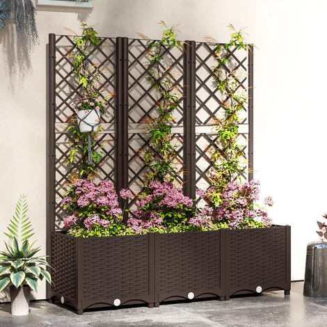 Fioriera con traliccio in plastica per piante rampicanti con drenaggio e ampio spazio di crescita 120x40x135 cm Marrone