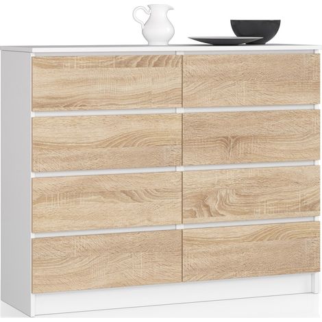 Kommode AKORD K120 Weiß 120 cm 8 Schubladen Front Sonoma-Eiche B120 x H99 x T40 cm (1/5)