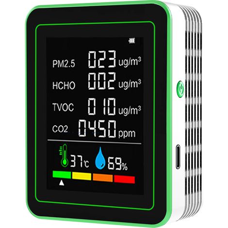 Medidor de calidad del aire portátil 6 en 1, mide CO2, temperatura, humedad, PM2.5, HCHO, TVOC, detector de CO2 interior preciso (1/4)