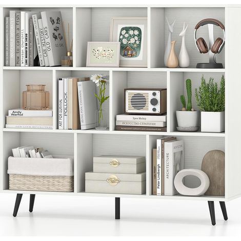GOPLUS Bibliotheque à 3 Niveaux, Étagère Blanche en Bois avec 10 Compartiments, 4 Pieds Métalliques Inclinés, Dispositif Anti-basculement, Meuble de Rangment pour Salon, Bureau, 120x24x107CM (1/5)