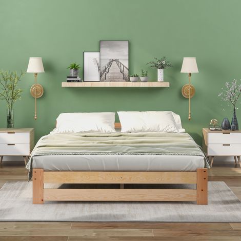 Futonbett Massivholz Natur 140x200 cm, mit Kopfteil und Lattenrost, skandinavisch minimalistisch LINHOO (1/5)