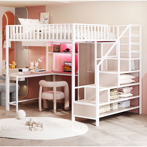 Lit superposé 140x200 cm - Avec bureau, armoire, étagères, tiroirs, LED, USB et Type C - En métal - Blanc (1/5)