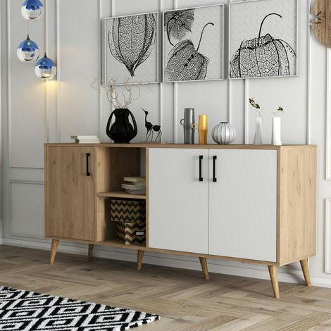 Buffet moderne effet bois et blanc, pieds obliques MARFA (1/5)