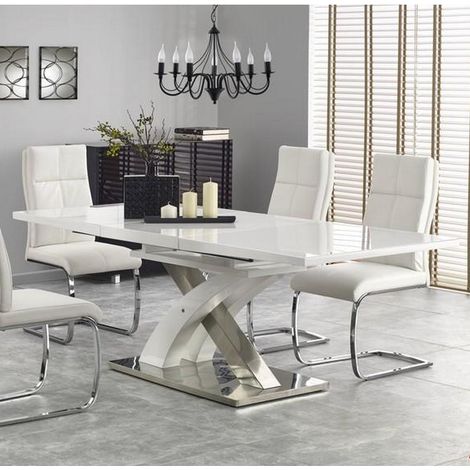 Table à manger design blanc laqué et verre avec rallonge Cleo (1/5)