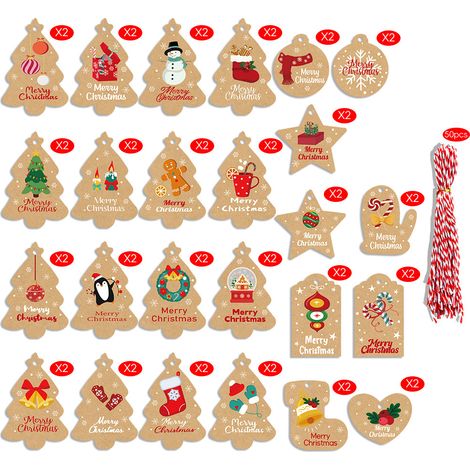 Étiquettes cadeaux Noël 50 pcs + ficelle kraft papier brun motif sapin/santa/noël (1/2)