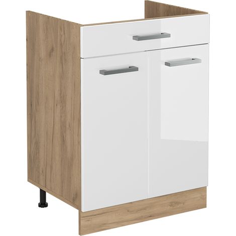 Mobiletto base cucina R-Line, Bianco lucido/Rovere dorato, 60 cm con cassetto senza piano di lavoro, Vicco (1/5)