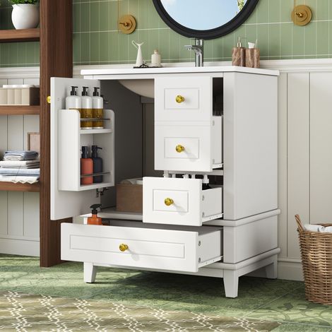 Modernluxe - Meuble de salle de bain 61 cm avec vasque en céramique - avec 3 tiroirs et 1 porte avec rangement - blanc laqué (1/5)