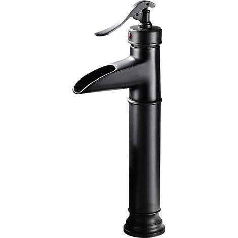Robinet de lavabo cascade à levier unique, robinets de salle de bain classiques à un trou, robinet d'eau chaude et à eau froideo (Noir, haut, A) (1/5)