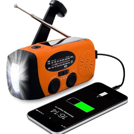 Radio d'urgence à manivelle avec 3 lampes torches LED, radio météo NOAA AM/FM et capacité de 2000 mAh, pour les situations d'urgence (orange). (1/5)