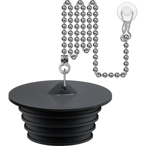 Bouchon de baignoire en silicone avec chaînette à billes en acier inoxydable et bouchon de douche noir. (1/5)