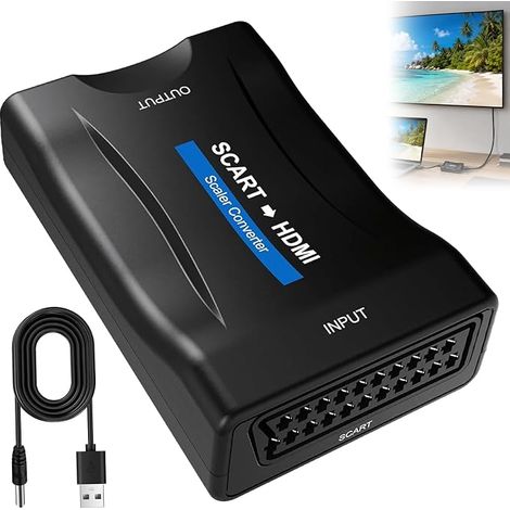 1 adaptador SCART a HDMI con cable USB 720p/1080p, convertidor SCART a HDMI para TV, monitor y proyector, audio y video SCART HD compatible con PS3, DVD, VHS, Xbox y Blu-ray Plug and Play. (1/5)