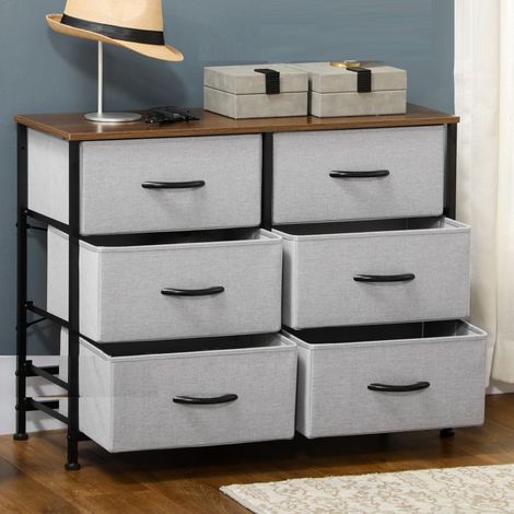 Commode 80x30x62,5 cm, avec 6 tiroirs rabattables en tissu, plan de travail en similibois, poignées et cadre noirs, pour salon et chambre - Gris (1/5)