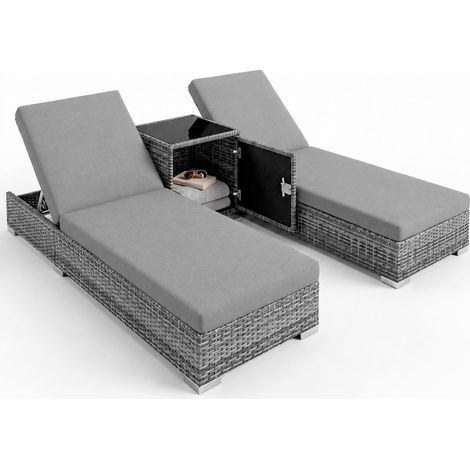 Set 2 Lettini Prendisole In Polyrattan Con Tavolino Contenitore E Cuscini Schienale Regolabile 5 Posizioni Sdraio Da Giardino Terrazzo Piscina Relax Arredo Esterno 184 x 60 x 21 Cm Grigio (1/5)