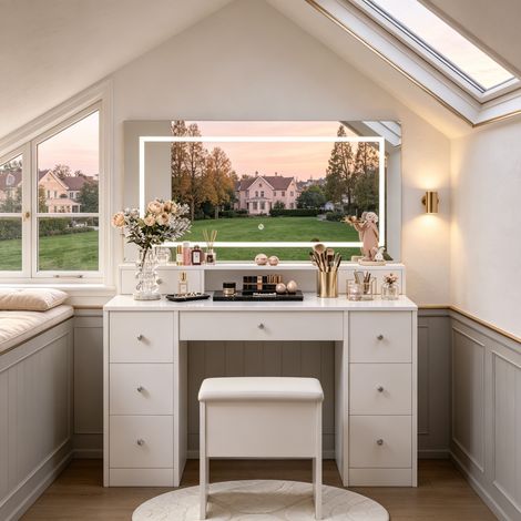Coiffeuse 110×40×150cm, grand miroir LED 3 couleurs, table de maquillage,9 tiroirs de rangement, coiffeuse table,étagères ouvertes, style moderne, panneaux de particules, pour chambre, Bois, Beige