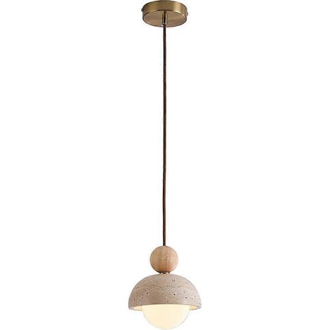Suspension LED en pierre naturelle, idéale pour la décoration d'un îlot de cuisine ou d'une salle à manger. Modèle en travertin jaune et bois. (1/5)