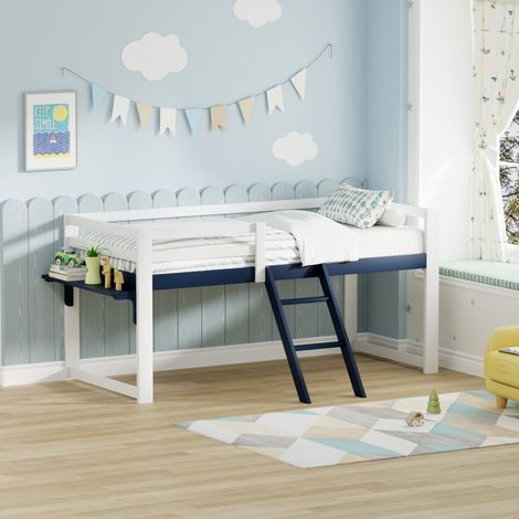 Lit Mezzanine Enfant 90x200 cm - Échelle Fixe, Tablette Rangement, Anti-Chute - Pin Massif - Blanc et Bleu Marine (1/5)