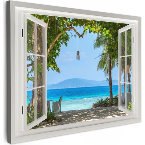 CUADRO EN LIENZO Vista - Árbol - Mar - Palmera - Colinas - Playa - Azul Cuadros 40x30 cm