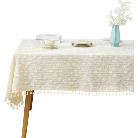 Nappe rustique en coton et lin, nappe rectangulaire pour table basse, nappe à pompons, photo simple (1/4)