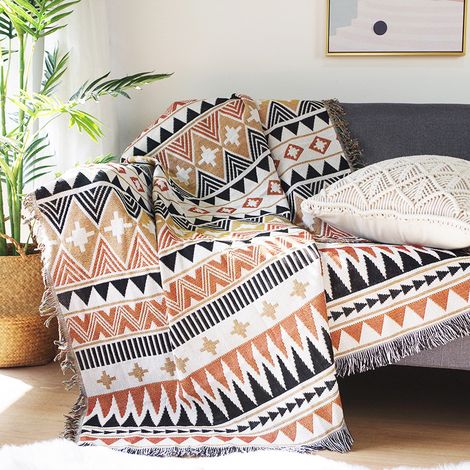 Manta bohemia, funda tejida de estilo rústico étnico para sofá, sillón o sofá, 130 x 60 cm, ideal para toda la familia. (1/4)