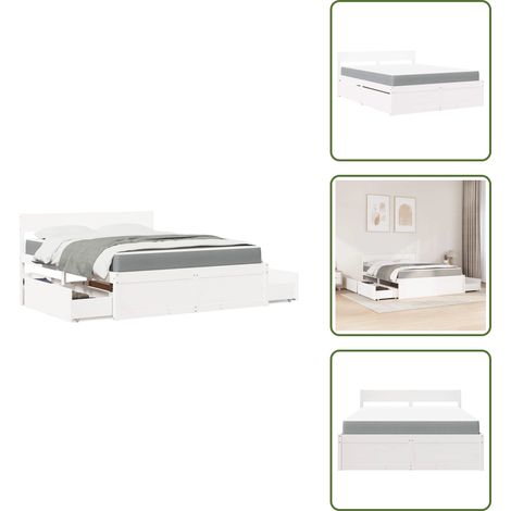 The Living Store Bett mit Schubladen und Matratze Weiß 140x200 cm Massivholz - Schlafzimmermöbel - Holzbetten - Doppelbett - Boxspringbett - Kiefernholzbett (1/5)