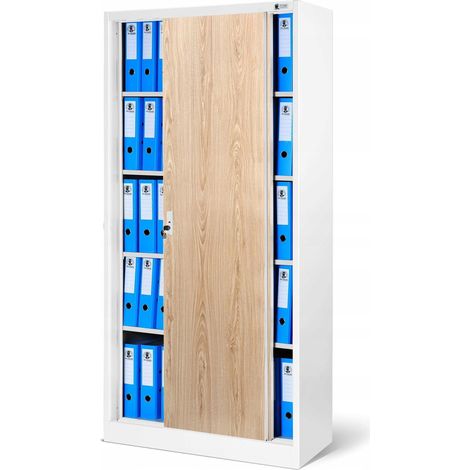 Jan Nowak Armadio per ufficio Archivio con Ante Scorrevoli Metallo 4 Ripiani Verniciatura a Polvere Bloccabile 185 cm x 90 cm x 40 cm (Bianco-Aspetto Legno) (1/5)