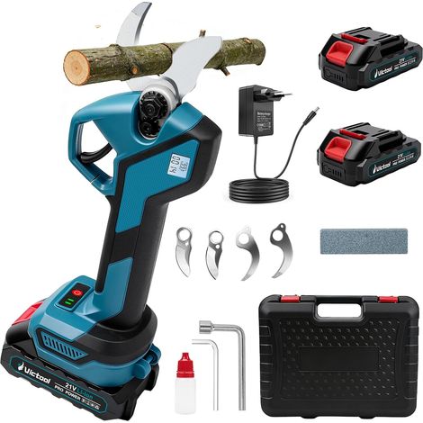 Sécateur électrique sans fil avec écran LCD, 2 batteries 2000 mAh 21 V, diamètre de coupe max. 40 mm, lames en acier SK5, pour branches et arbustes de jardin, bleu (1/5)