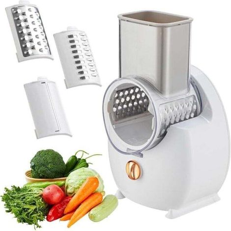 Rallador de queso eléctrico, ensaladera eléctrica, rallador múltiple, cortador de frutas, picadora automática profesional con múltiples cuchillas cónicas para frutas y verduras, acero inoxidable, blan