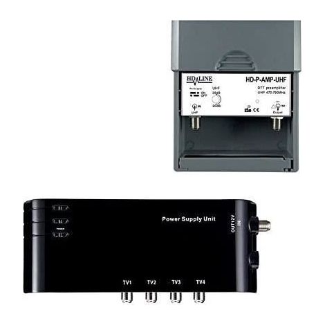 ANTENNE Kit pr&eacuteamplificateur HD-LINE 4-1 TV amplificateur + Alimentation 4 Sorties TV pour antenne terrestre TNT42