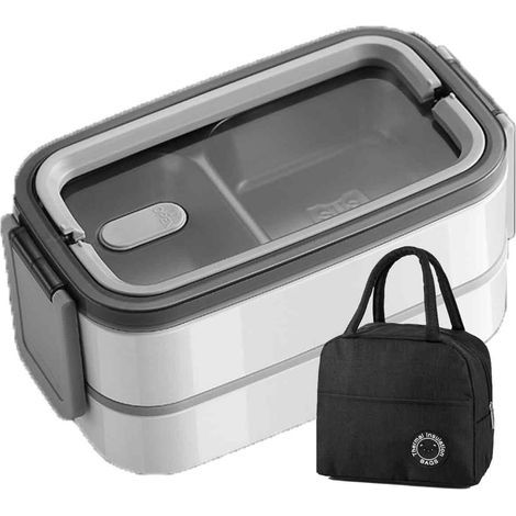 boîte à lunch isotherme,304Boîte à lunch portable blanche en acier inoxydable à 3 compartiments + sac à lunch (1/5)
