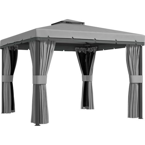 3 x 3m Outdoor Shelter, Garden Pavilion with 2 Tier Roof, Netting and Curtains, Light Grey