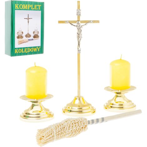 Juego de villancicos dorados con aspersor, cruz sencilla y candelabros de 20 cm. (1/4)