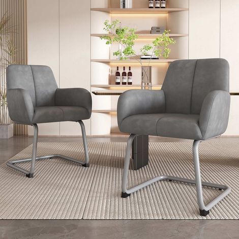 Lot de 2 chaises de salle à manger grises en cuir microfibre, accoudoirs intégrés, assise rembourrée, pieds arqués en acier, charge 150 kg (1/5)